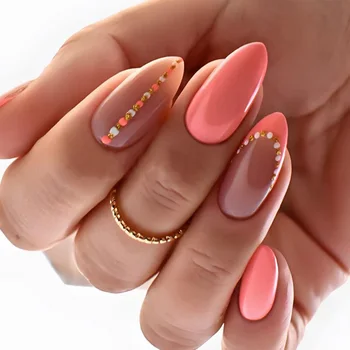Розовые Накладные миндалевидные ногти со стразами Легкие и легко наклеиваемые Накладные ногти для ежедневного ношения и вечеринок Изображение 2