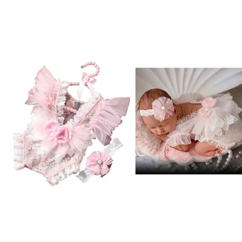 Одежда для детских фотографий, короткий комбинезон и цветочный головной убор, комбинезон для новорожденных, одежда для вечеринок, аксессуары для фотосессий 0 Изображение 2