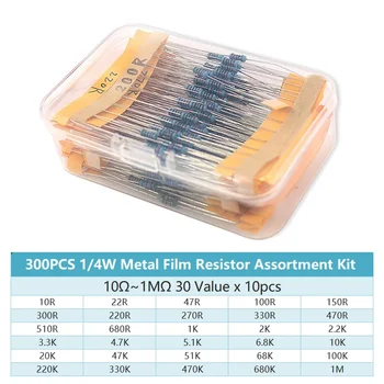 300шт комплект резисторов 1/4 Вт (10Ω ~ 1MΩ) Металлический пленочный резистор 30 значений в ассортименте, 0,25 Вт Резисторы 10 ОМ 100 ОМ 1K 10K 100K Изображение 2