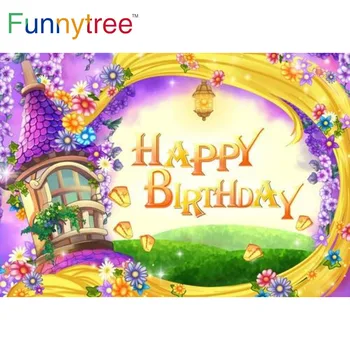 Funnytree С Днем Рождения, Фиолетовый Замок, Принцесса, Светлые волосы, вечеринка для девочек, Детский душ, цветочный декор, фон для фотосессии