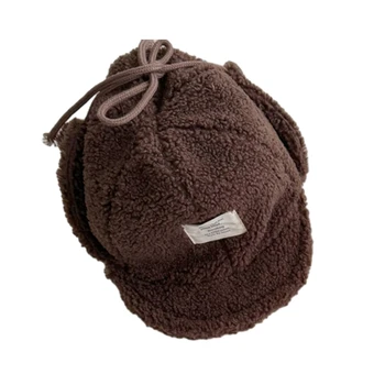 Стильная детская теплая шапочка-ушанка из овечьей шерсти, модные однотонные кепки с козырьком, повязка на голову с мягкими полями Изображение 2