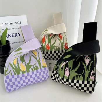Вязаная сумочка с цветком тюльпана, повседневные женские многоразовые сумки для покупок, плетеная из плотной гибкой ткани, мини-сумка на запястье с узлом, сумка-тоут