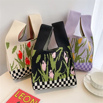 Вязаная сумочка с цветком тюльпана, повседневные женские многоразовые сумки для покупок, плетеная из плотной гибкой ткани, мини-сумка на запястье с узлом, сумка-тоут Изображение 2