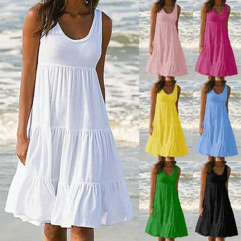 Женское мини-платье с круглым вырезом, без рукавов, с оборками, Однотонный пляжный сарафан в стиле Бохо, Свободное платье Оверсайз 2023, Летняя Ослепительная пляжная юбка