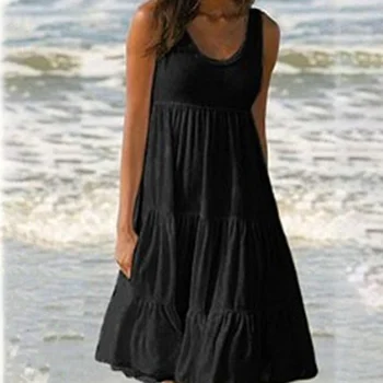 Женское мини-платье с круглым вырезом, без рукавов, с оборками, Однотонный пляжный сарафан в стиле Бохо, Свободное платье Оверсайз 2023, Летняя Ослепительная пляжная юбка Изображение 2