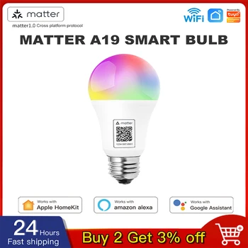 Matter E27 Умная лампочка Wi-Fi Светодиодная лампа RGB с регулируемой яркостью E27 База Пульт дистанционного управления Поддержка Alexa Home HomeKit Siri светодиодные лампы