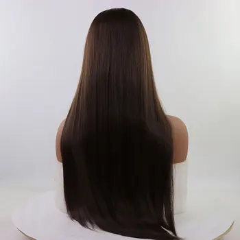 Потрясающий темно-коричневый прямой парик Синтетические парики на кружеве 13X4 без клея из высококачественного термостойкого волокна для ежедневного использования женщинами Изображение 2