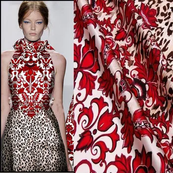 Красные Цветы Леопардовый Принт Мода Новое Поступление Эластичное Шелководческое Платье Одежда Атлас 95% Шелковая Ткань Текстиль Оптом В розницу