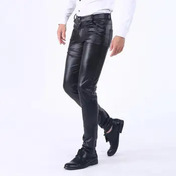 Мужские клубные брюки, стильные мужские брюки из искусственной кожи, облегающие брюки с карманами, дышащие, удобные со средней талией для уличной одежды