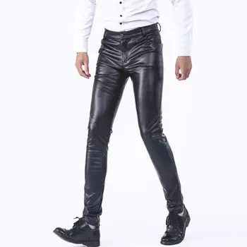 Мужские клубные брюки, стильные мужские брюки из искусственной кожи, облегающие брюки с карманами, дышащие, удобные со средней талией для уличной одежды Изображение 2