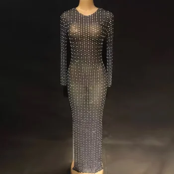 Черное Серебряное сетчатое Сексуальное Прозрачное длинное платье Со стразами Модное облегающее платье для вечеринки в ночном клубе, костюм для празднования выступления