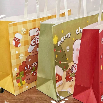 Счастливого Рождества, бумажные подарочные пакеты, сумки для упаковки конфет и печенья, принадлежности для рождественской вечеринки, Мультяшные милые сумки-тоут большой емкости Изображение 2