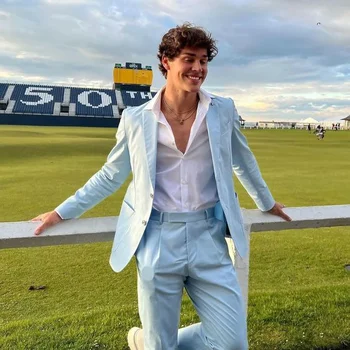 Модный однобортный однотонный мужской костюм с отворотом Небесно-голубого цвета, элегантный повседневный Свадебный смокинг для жениха, блейзер с брюками