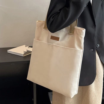 Женская холщовая сумка через плечо, женские сумки для покупок, продуктовые сумки высокого качества, однотонная сумка-тоут, сумка для книг для девочек Изображение 2