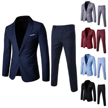 Костюм, пальто, комплект из тонких длинных брюк, стильный мужской деловой костюм, приталенное пальто с лацканами, длинные брюки на одной пуговице для рабочей одежды Изображение 2