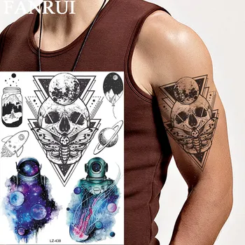 Временные татуировки FANRUI Big Geometric Death Skull для мужчин, наклейка с планетами НЛО, татуировки в виде треугольников в виде медуз, листы для татуировок в стиле боди-арт