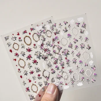 Наклейка для дизайна ногтей, винтажный цветок Красной розы с жемчугом, Квадратная рамка, Самоклеящиеся наклейки для дизайна ногтей, 3D наклейки для маникюра Изображение 2