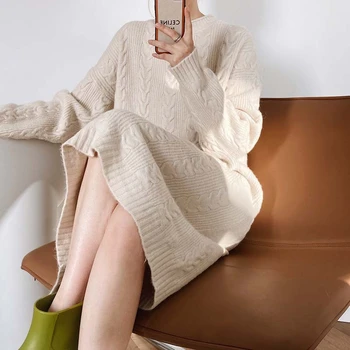 LMQ/ Новинка осени-зимы, вязаная юбка средней длины в рубчик с круглым вырезом и поясом, Ленивая Свободная основа, однотонное платье-свитер