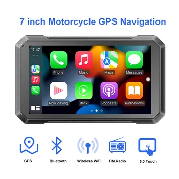Портативная GPS-навигация для мотоцикла Apple Carplay с 7-дюймовым водонепроницаемым сенсорным экраном IPX7, Android Auto FM-радио, двойной Bluetooth