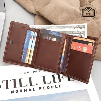 кожаный бумажник, мужская противоугонная RFID-щетка, слот для нескольких карт, короткая версия, зажим для денег, зажим для доллара США, сумка для мелочи Изображение 2