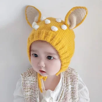 Осенне-зимняя вязаная шапочка для малышей, очаровательная шапка с длинными ушками в виде кролика, шапочка-бини для новорожденных, реквизит для фотосессии, утолщенный