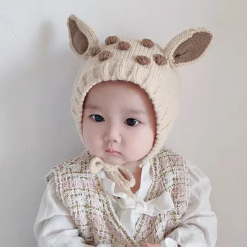 Осенне-зимняя вязаная шапочка для малышей, очаровательная шапка с длинными ушками в виде кролика, шапочка-бини для новорожденных, реквизит для фотосессии, утолщенный Изображение 2