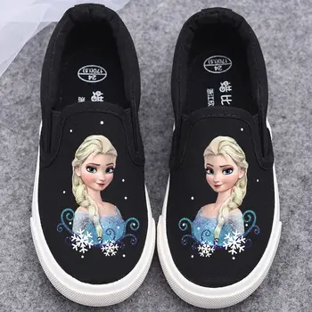 Повседневная парусиновая обувь для девочек Disney, обувь на мягкой подошве, Детская белая обувь, Белые черные туфли Priness Elsa, Размер 23-36